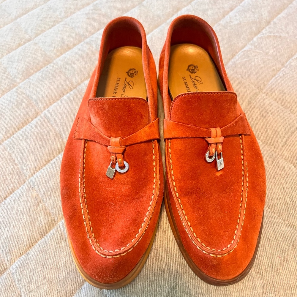 LORO PIANA Charms Walk US 8 Rust Orange Suede Quiet Luxury Loafers Orig $1375